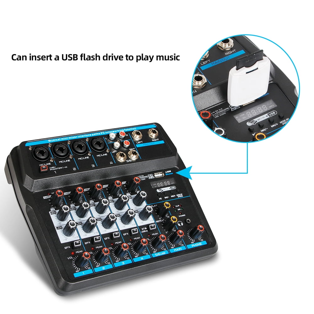 6-Channel Audio Mixer with Bluetooth, USB, and LED Display, Featuring Phantom Power and&nbsp; Sound Control for&nbsp; Use
