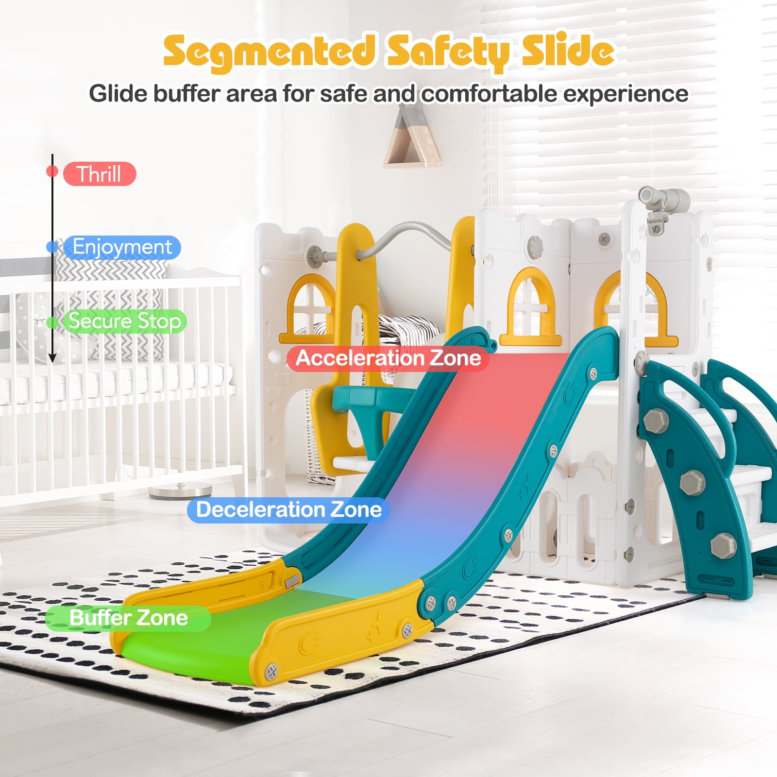 Patiojoy 7 in 1 L-shaped Toddle Swing and Slide Set Freestanding Toddler Slide Playset w/ Swing Yellow