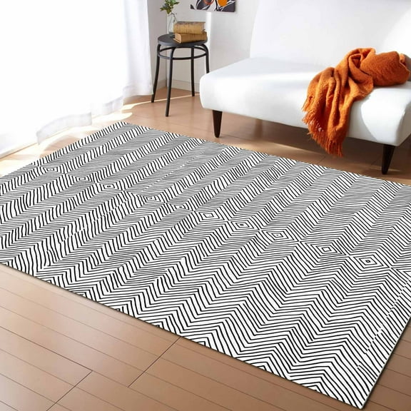 Area Rugs Indoor Non-Slip Rectangle Rug 5x8 Ft Art Deco Black White Striped Simple Rug Rubber Backing Floor Mats Non Shedding Home Decor Carpet for Entryway Living Room