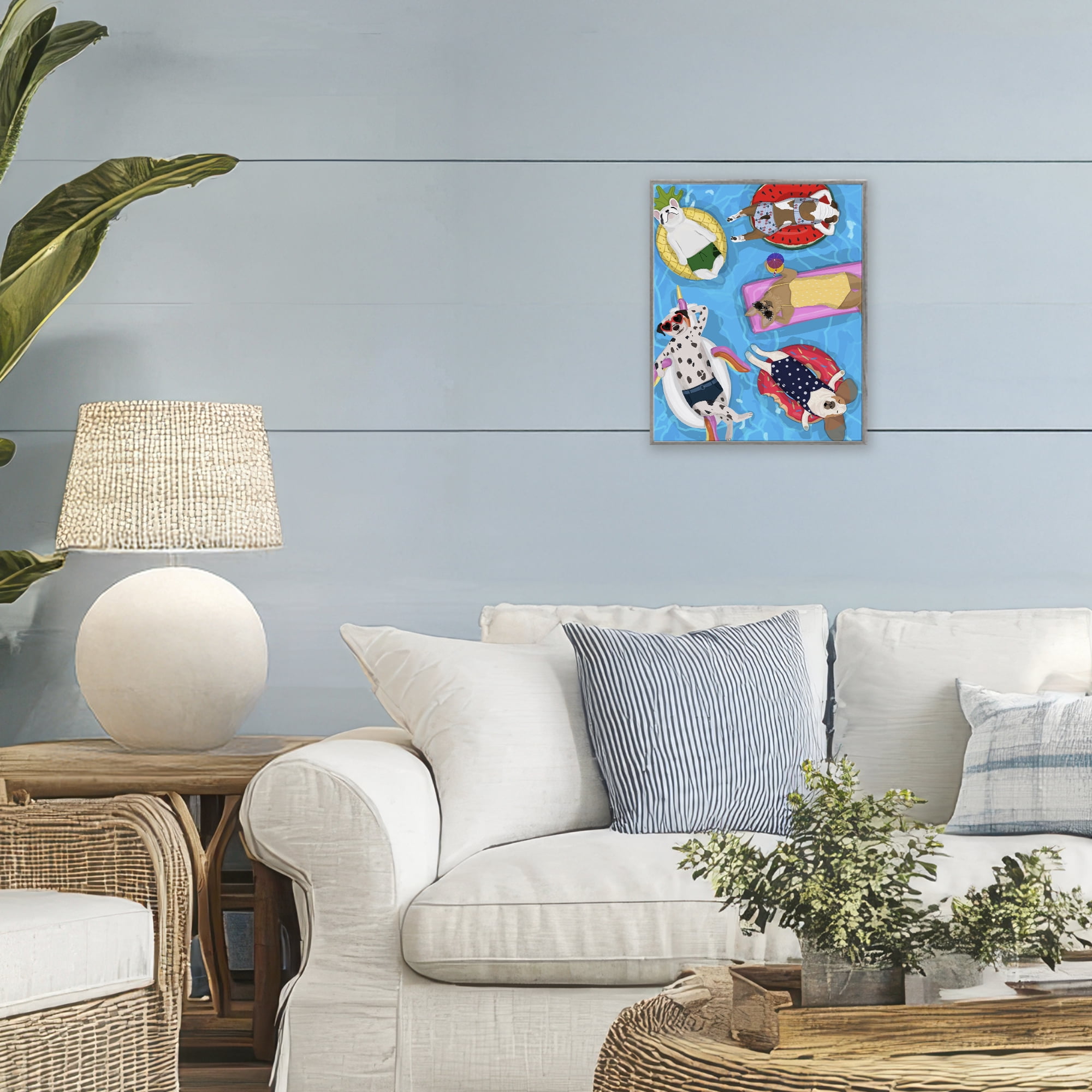 Stupell Industries Summer Sunbathing Dogs Gray Framed Giclee Art, design by Hanna Melin