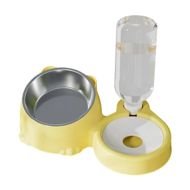 Cuencos dobles para gatos, plato elevado para gatos, 2 en 1, con botella de agua automática, comedero para mascotas, juego de cuencos de comida y agua amarillo