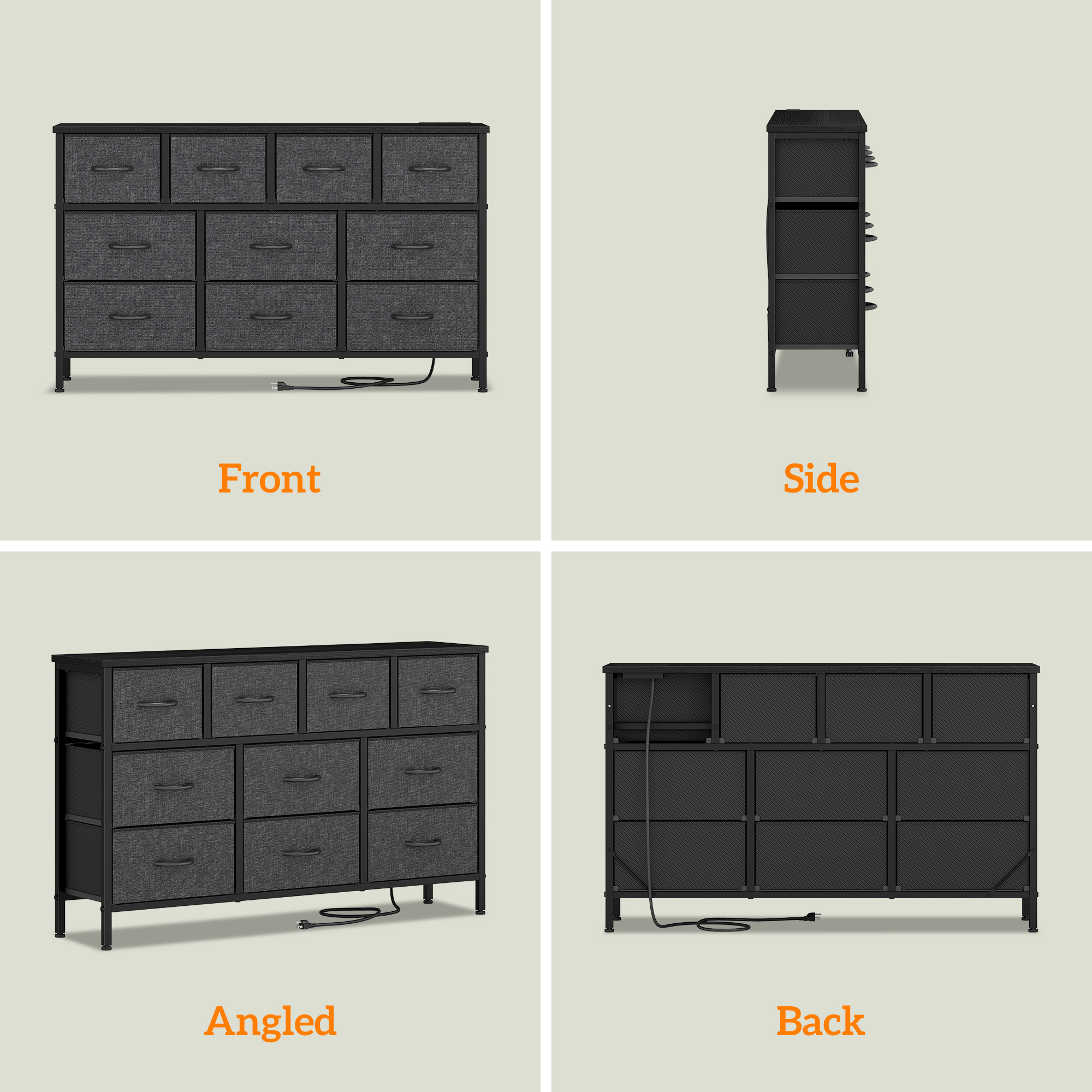 Laintene Dresser TV Stand with 10 Drawer, 50" TV Stand with Power Outlet, Fabric Dressers for Bedroom, Wooden Top for Storage, Chest of Drawers for Living Room, Hallway, Entryway, Gray