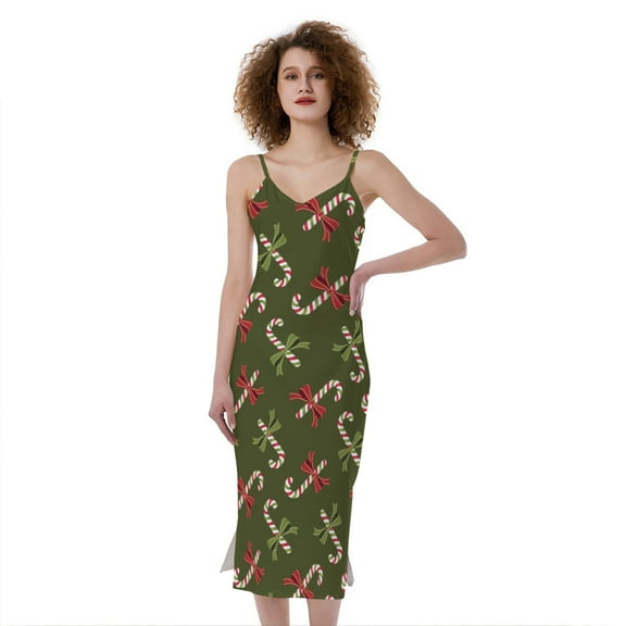 Xmas Candy Cane Pattern Print Slim Fit Midi Cami Dress, Jesus Christian Fashion Summer Maxi Sexy Casual Dress For Women