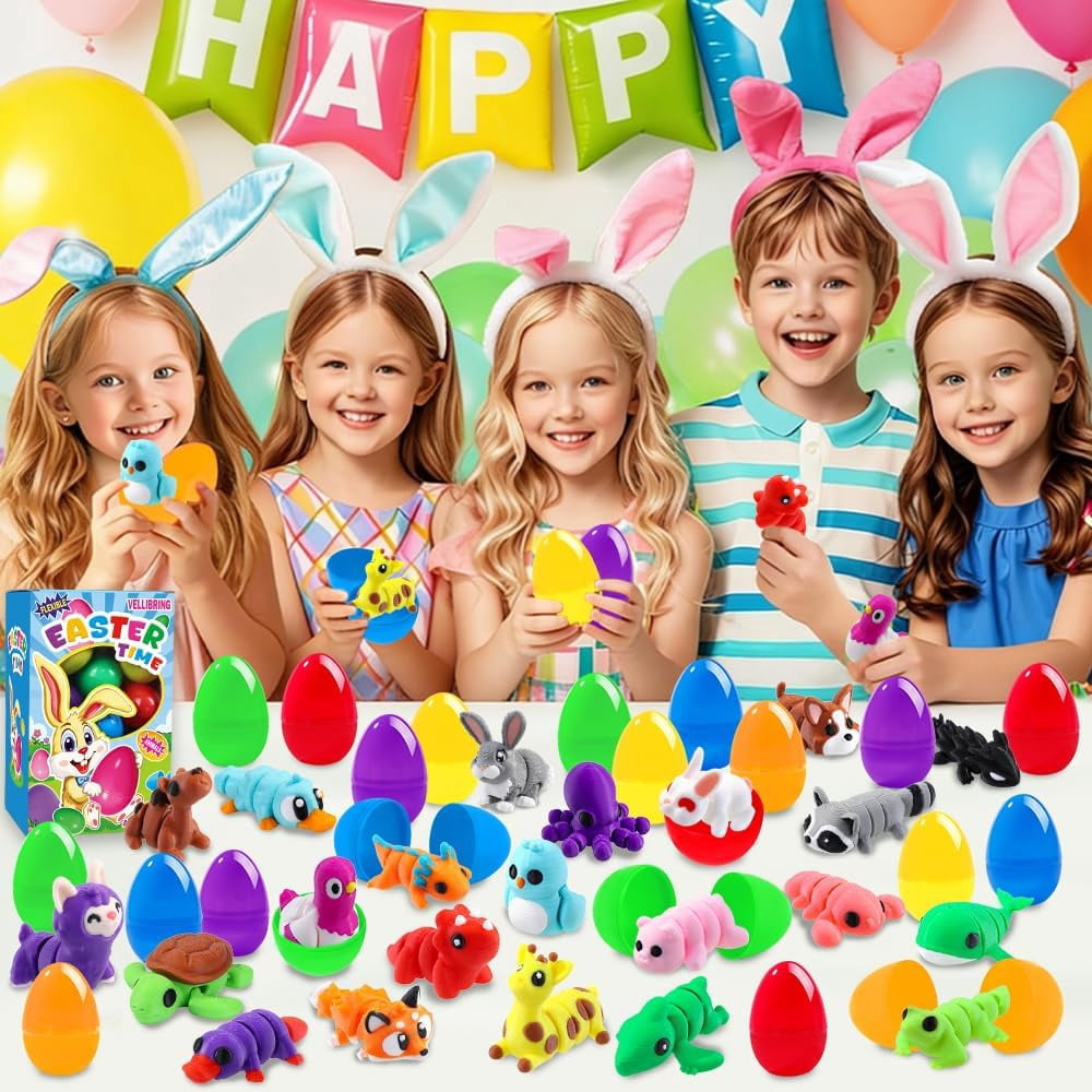 Prefilled Easter Eggs Set, 24 Count Plastic Eggs With 3D Printed Animal Toys, Basket Stuffers For Kids, Classroom Prizes, Party Favors, Assorted Colors