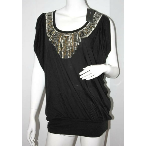 BCBG Max Azria Goddess Embroidered Scoop Neck Beaded Top Black ( M )