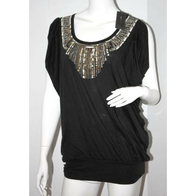 BCBG Max Azria Déesse Brodée Scoop Cou Perlé Top Noir ( M )