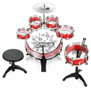 YouYeap 11-Piece Kids Starter Drum Set with Bass Drum, Tom Drums, Snare, Cymbal, Stool, Drumsticks - Red