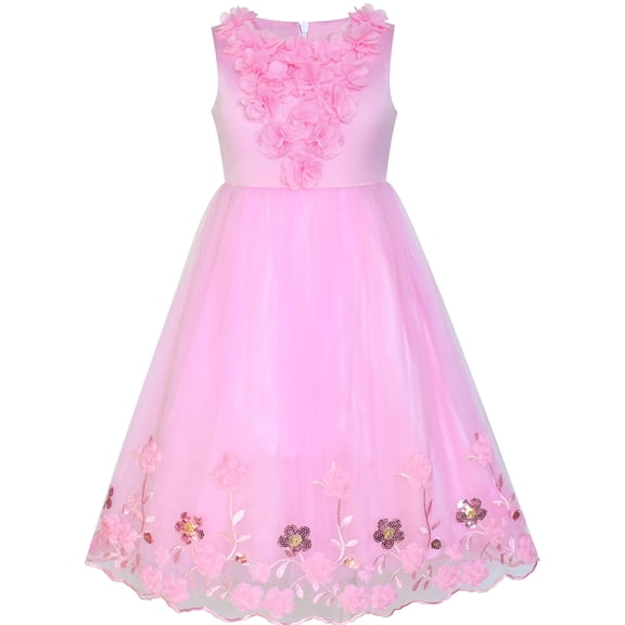 Flower Girls Dress Pink Sequin 3D Flowers 4 Years