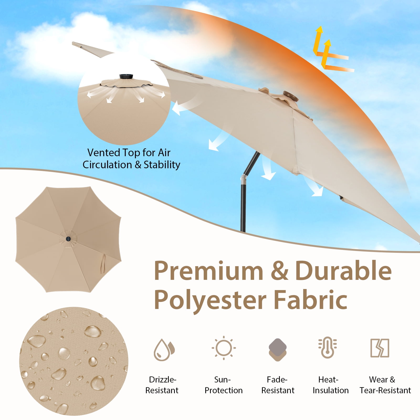 Costway 120" Beige Round Market Patio Umbrella, Solar Lighted