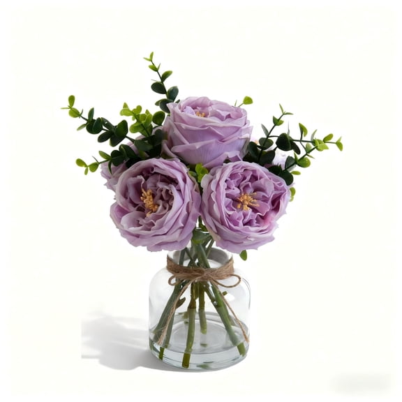 13"x10" Purple Faux Roses in Vase Arrangement - Lifelike Artificial Flowers with Simulated Water, for Dining Table Centerpiece, Home & Restaurant Decor