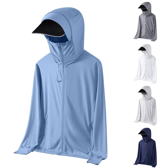 Bxsruta Men's UPF 50 Plus UV Protection Hooded Jacket with Face Cover and Visor Lightweight Full Zip Long Sleeve Sun Shirt for Outdoor Activities
