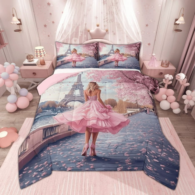 Manfei Ensemble de Douillette Western Princesse, Ensembles de Douillette Simple Tour Eiffel Française, Ensemble de Literie Fleurs de Cerisier Roses, Décor de Chambre Luxueux, 2 Pcs Réversible