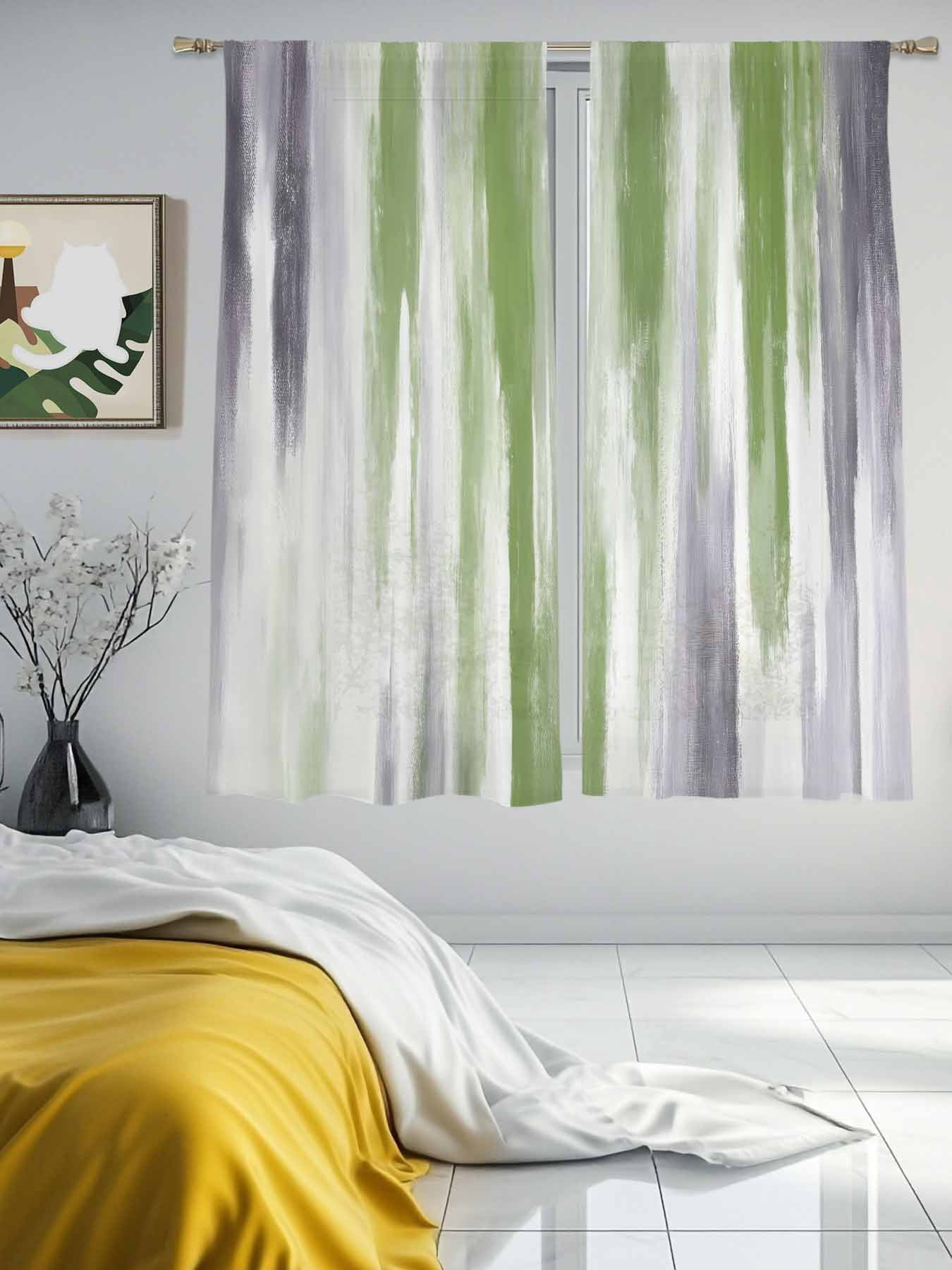 Abstract Grey Sheer Curtains for Living Room Bedroom, Green Mottled Gradient Texture Farmhouse Light Filtering Sheer Curtains, Rod Pocket Voile Window Drapes, 2 Panels Set 52"x 63"