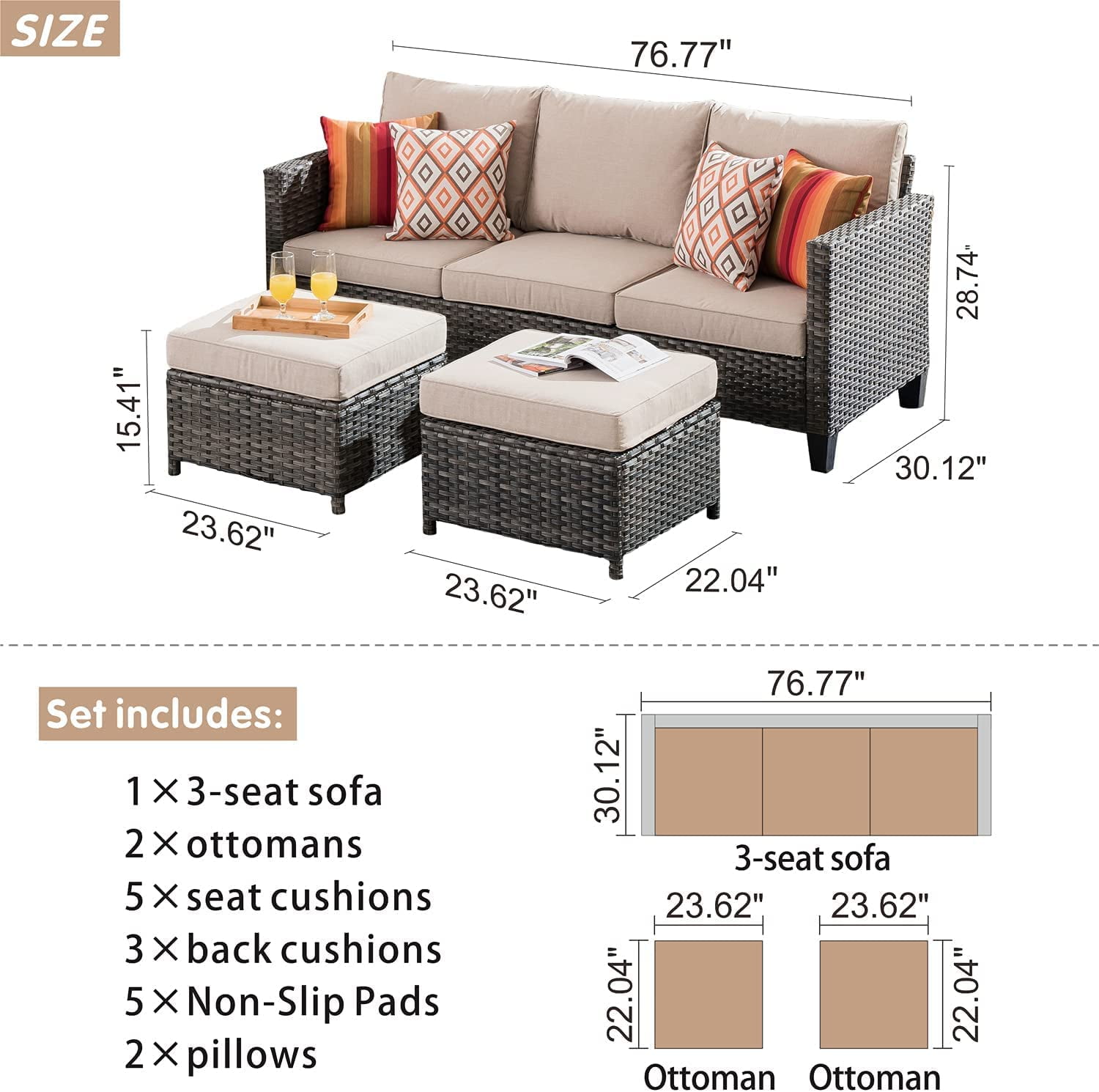 Ovios 3-Piece Outdoor Furniture Set All-Weather Wicker Patio Sofa with Cushions for Conversations