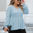 thumbnail image 4 of STETMN Women Plus Size Blouses Lantern Long Sleeve V Neck Striped Tops Dressy Loose Fit Pullover Sweaters, 4 of 5