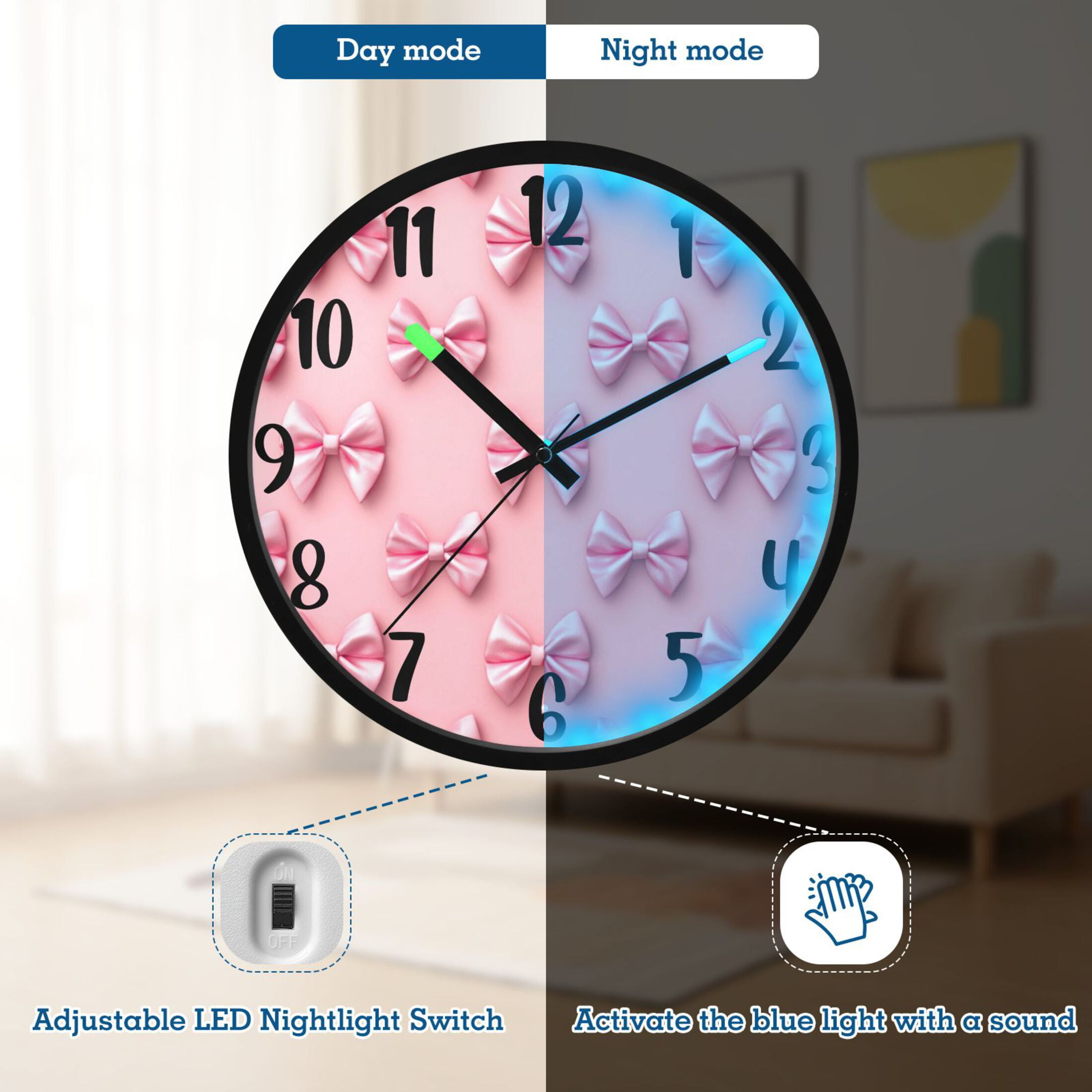 RMDQTR 12 Inch Sound-Activated LED Night Light Wall Clock Silent Sweep Movement Acrylic Face Battery-Operated for Bedroom/Living Room/School / Pink Simple Bows