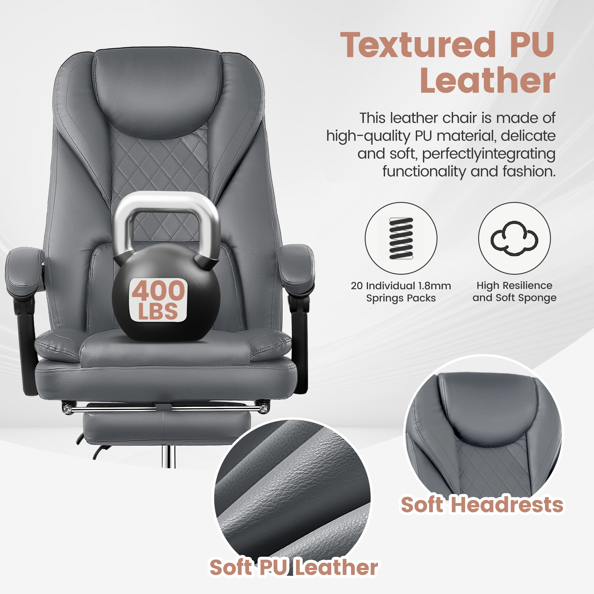 COOLHUT Executive Office Chair, Big and Tall Office Chair with Footrest Reclining Faux Leather Chair High Back Lumbar Support Ergonomic Office Chair with Padded Armrests, Gray