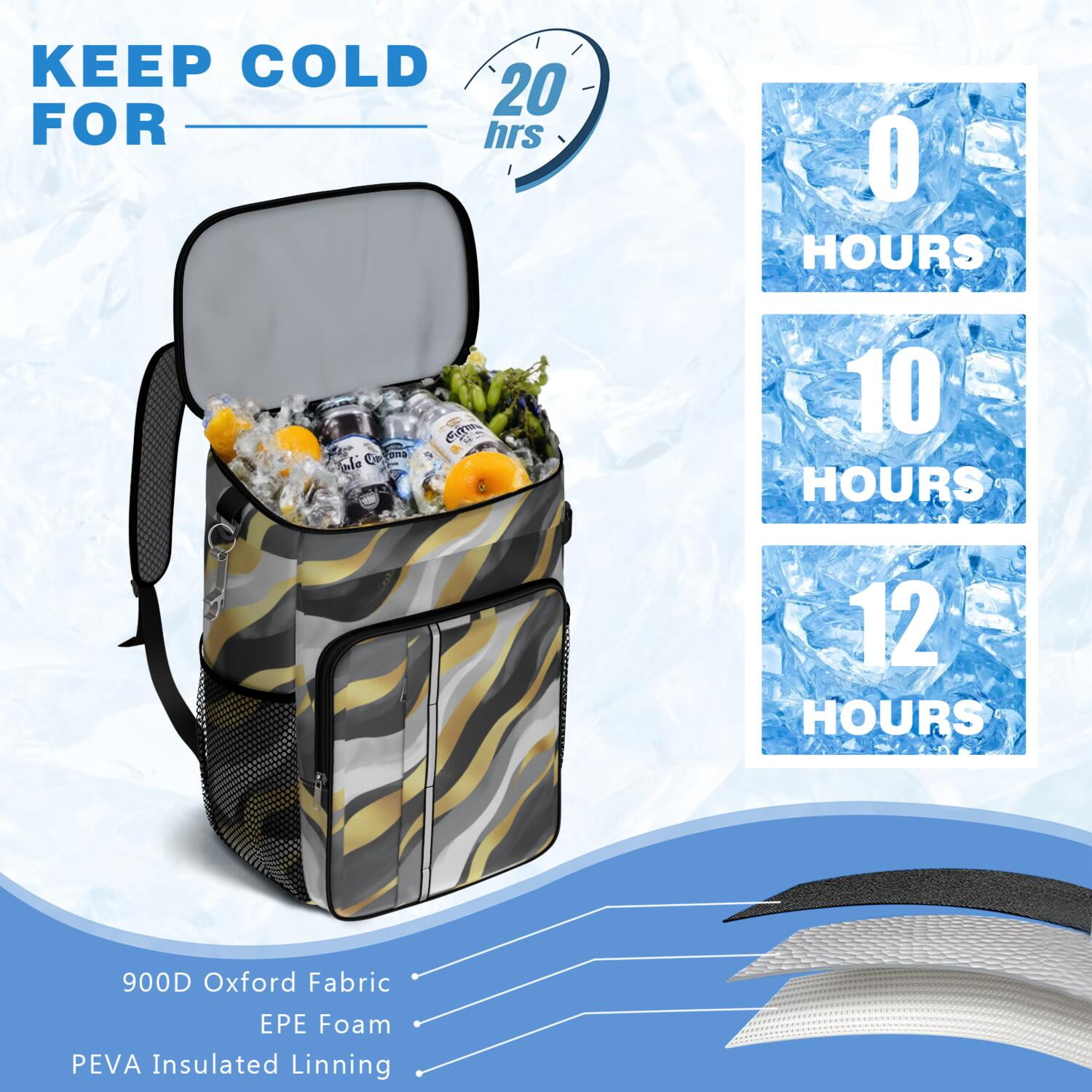 Travel Cooler Bag - Black White and Gold Marble Camping Beer Cooler Backpack with Bottle Opener- Waterproof Insulated Picnic Backpacks - Cooler Bag for Beach