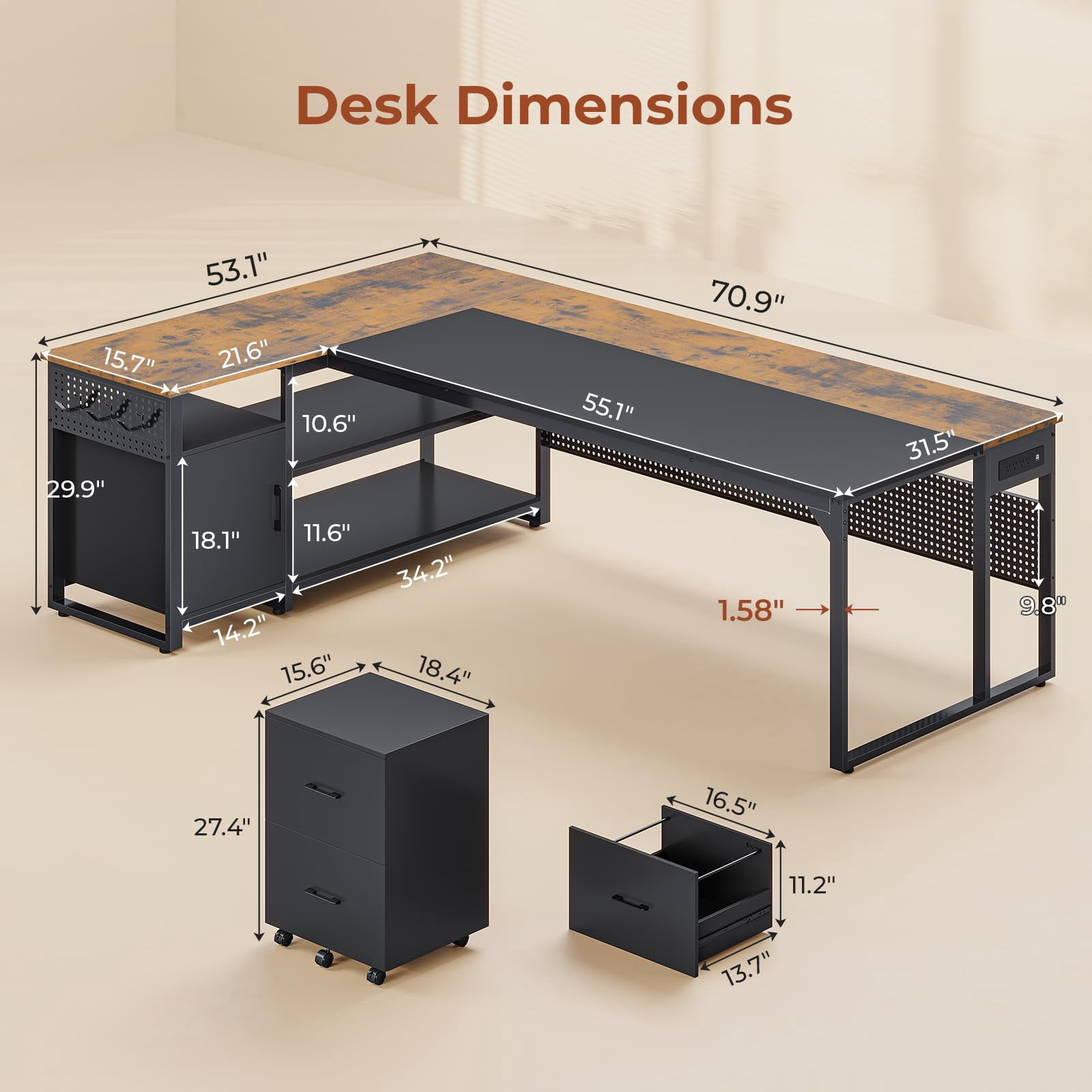 71" Executive Desk, Reversible L Shaped Desk with Mobile File Cabinet & Power Outlets, Large Office Desk with Drawers, Storage Shelves, Hooks, Corner Computer Desk for Home Office
