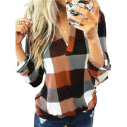 T-Shirt For Women Cuffed Long Sleeve Tee V-Neck Check Design Plaid Printed Blouse Striped 3/4 Sleeve Shirt Pullover Tee Polo Oversized Slim Fit Plus Size Casual Basic Daily Stretch Holiday Beach