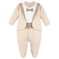 thumbnail image 1 of Traje de una sola pieza para bebé, esmoquin lila, pajarita beige de 9 meses, 1 of 8