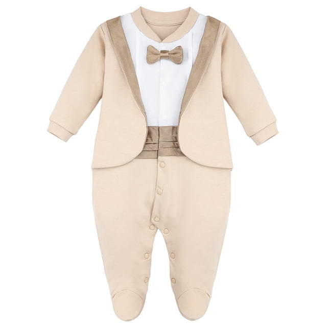 Traje de una sola pieza para bebé, esmoquin lila, pajarita beige de 9 meses