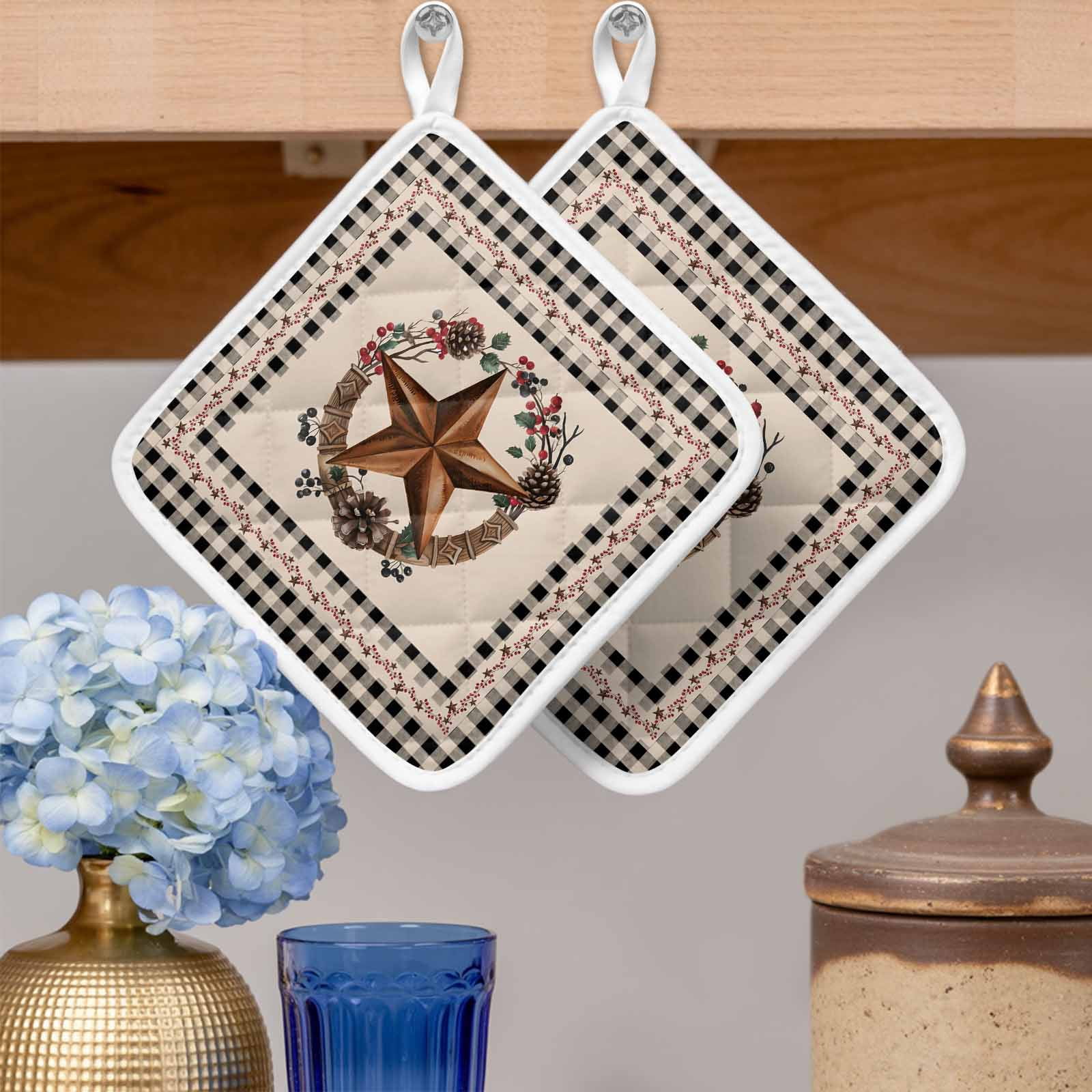 Farmhouse Pot Holders for Kitchen Heatproof Potholder, 3 Pack Country Star Berry Plaid Lodge Grey Brown Hot Pads Multipurpose Oven Pads Cloth Potholders Trivet for Cooking Baking