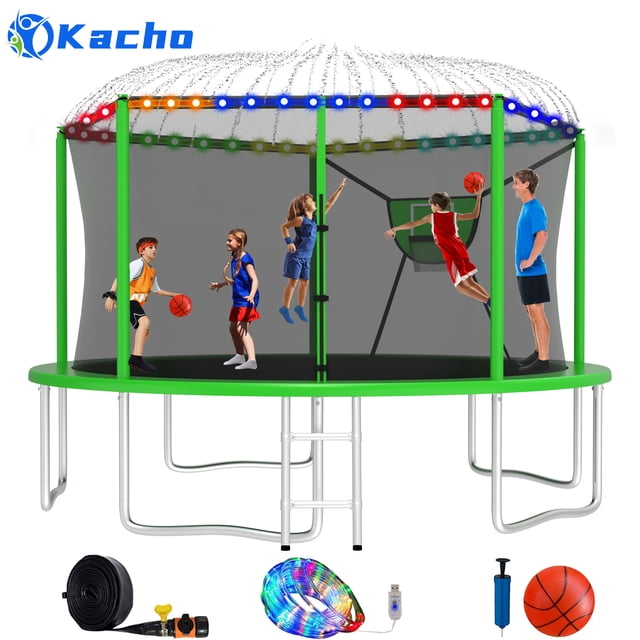 Kacho Trampoline for Kids, Trampoline 10FT 12FT 14FT 16FT, Heavy Duty Trampoline with Enclosure net, Basketball hoop, Ball, Sprinkler, Light, Ladder, Outdoor Backyard Trampoline, No gap Design Green