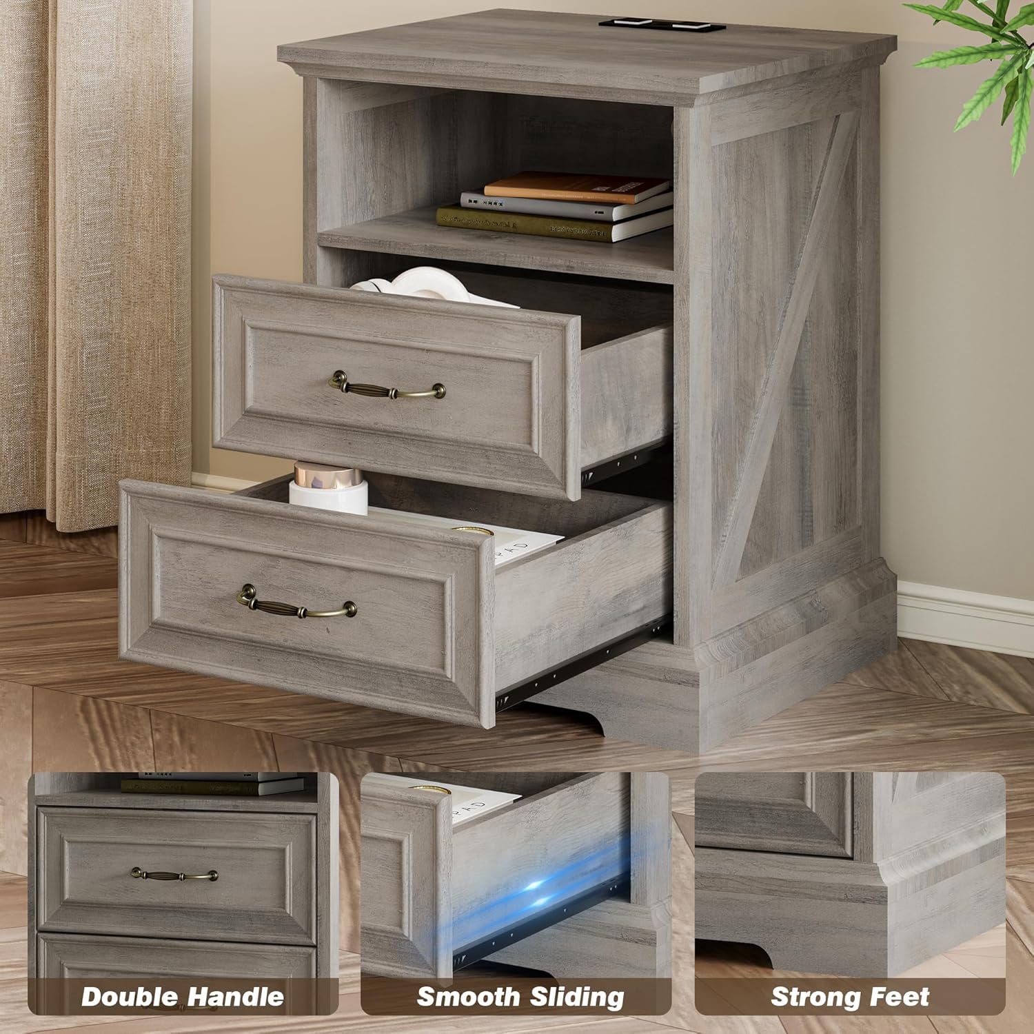 FANRAL 2 Drawers Dresser for Bedroom,Farmhouse Nightstand with Charging Station & Open Shelf,24" Wide Wooden Chest of Drawers,Rustic Storage Cabinet,Light Gray Dresser
