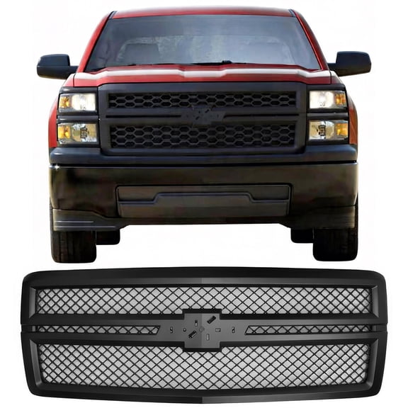 Ikon Motorsports Front Upper Grille, Compatible with 2014-2015 Chevrolet Silverado 1500, B Style Black ABS Plastic Replacement Front Bumper Hood Grill 1PC