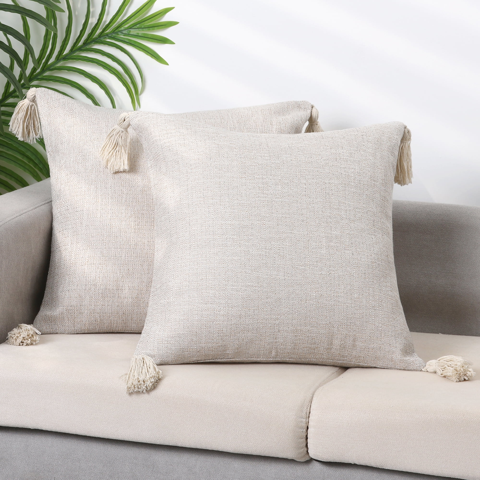 Unique Bargains Linen Fringe Cushion Cover Throw Pillow Covers with Tassel Design 2 Pcs White 18" x 18"