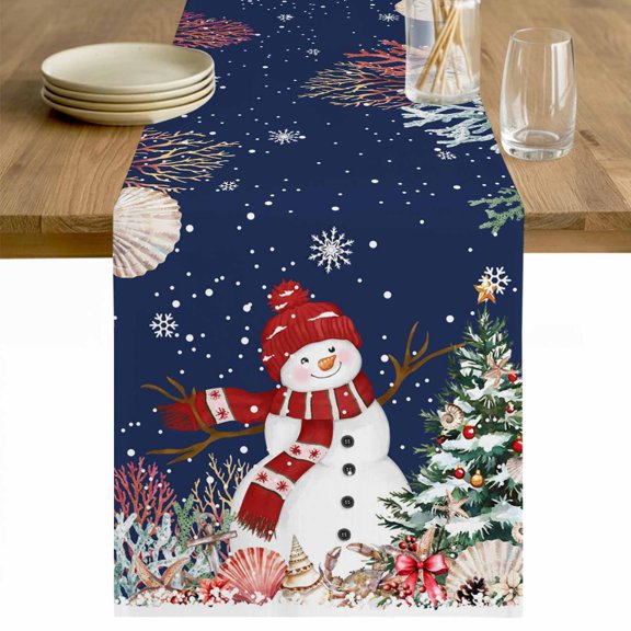 Navy Blue Christmas Table Runner - 70 Inch Long Snowman Xmas Tree Coastal Snowflake Starfish Cotton and Linen Blended Dress Scarves Farmhouse Table Runner for Kitchen Dining, Coffee Table, 13" x 70"