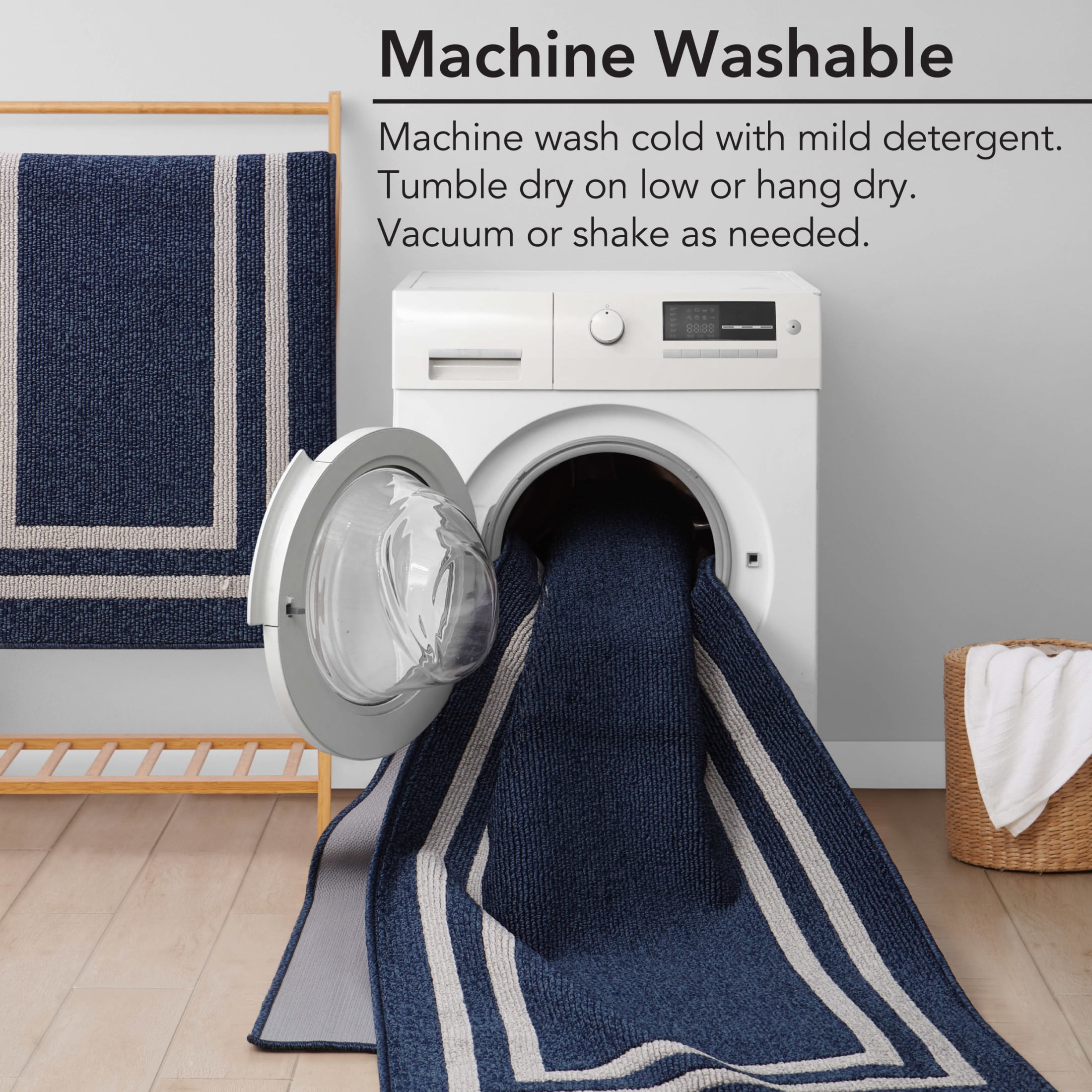 Washable Skid-Resistant Runner Rug, Border, Denim Twist and Light Grey, 26" x 45"