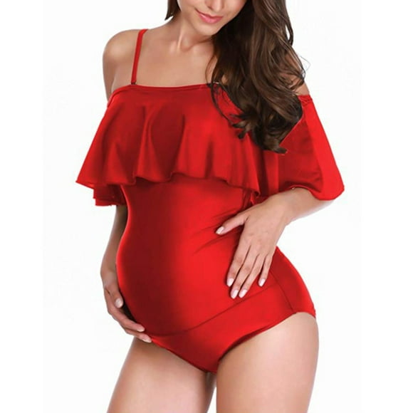 Neinkie Maternity Swimsuit One Piece Pregnancy Swimwear Bathing Suit Halter Ruffled Maternity Bikini Monokini