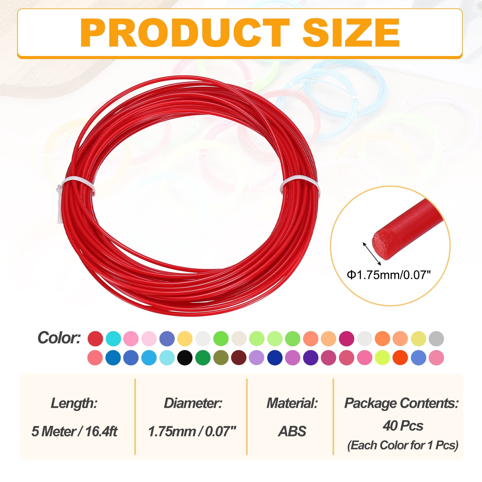 Uxcell 40 Colors ABS 3D Pen Printer Filament Refills, Each Color 16.4 Feet Total 656 Feet 1.75mm Printing Filament for Most 3D Printing Pens