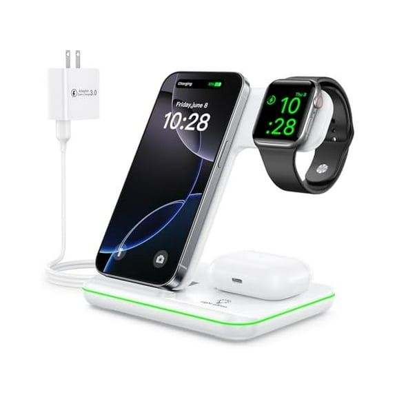 Saluqifa Wireless Charger 3 in 1, 15W Fast Charging Station for Apple Watch 10/9/8/Ultra 2/Ultra/SE/7/6/5/4/3/2, for AirPods 4/3/2/Pro for iPhone 16/15/14/13 /Plus/Pro/Pro Max/12/11(White)