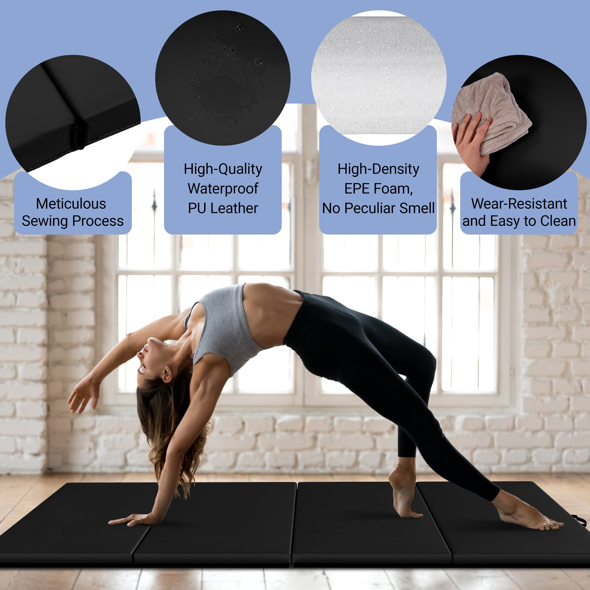 BalanceFrom Versatile 4'x8'x2" High-Density Gym Mats - Extra Thick, Anti-Tear, Easy-Clean, Foldable for Aerobics, Yoga, Martial Arts, with Durable Vinyl and Velcro, Black