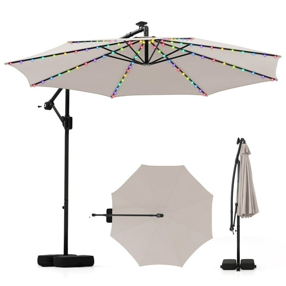 Costway 10 FT Solar Offset Hanging Umbrella with 96 Solar Multi-colored Flowing LED Lights Beige