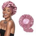 thumbnail image 1 of Gorro de satén para dormir para cabello largo y rizado con correas ajustables y gorro de seda de doble capa rosa., 1 of 5