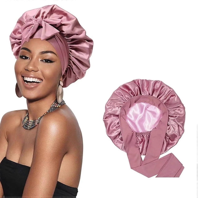 Gorro de satén para dormir para cabello largo y rizado con correas ajustables y gorro de seda de doble capa rosa.