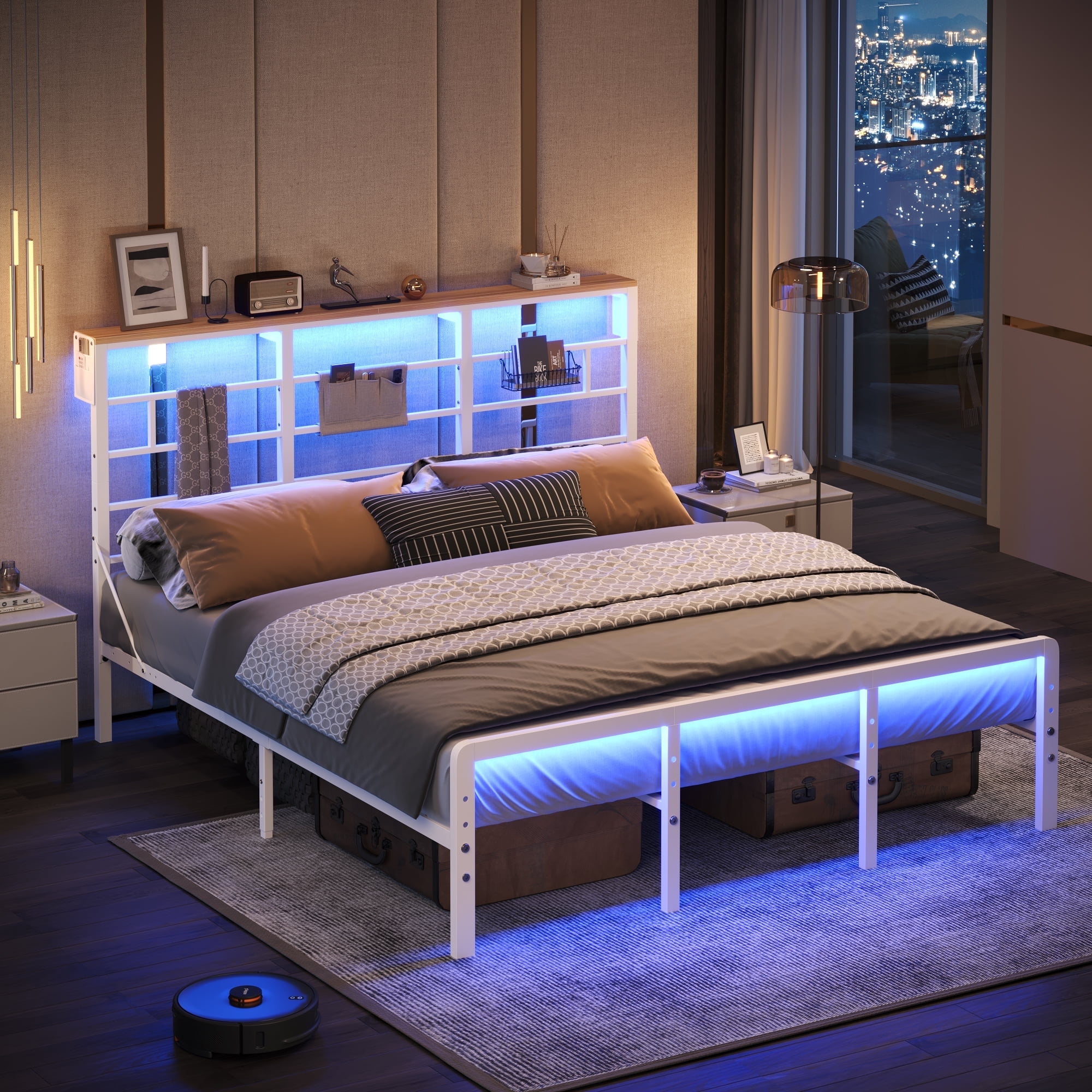 Bestier LED King Size Bed Frame with Headboard & Charging Station, Metal Platform Bed with 15.7'' Large Under Bed Storage, White