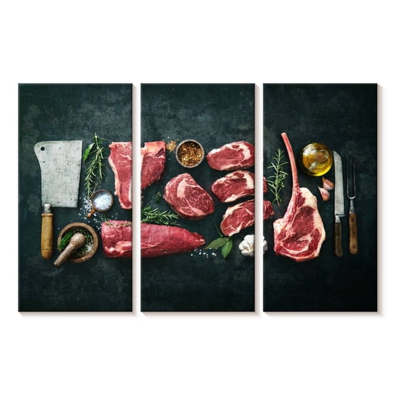 Elephant Stock Raw Steak Cuts Wall Art - Horizontal Multi Panel Canvas - Dining Room Wall Decor - Food And Drink Multi Panel - Brown And Silver Decor - 23" x 14"