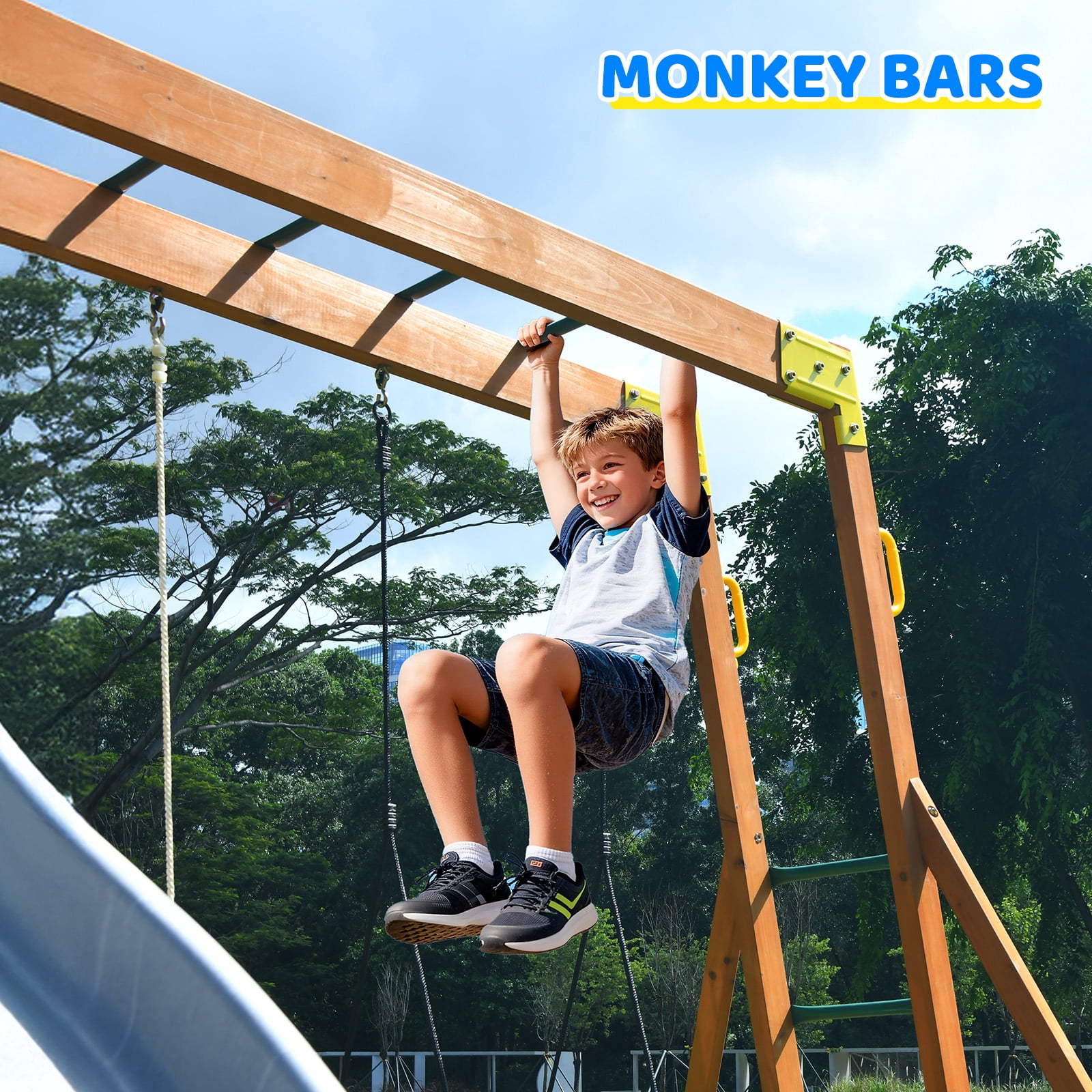 KloKick Cedar Wooden Swing Set with 8' Wave Slide, Metal Monkey