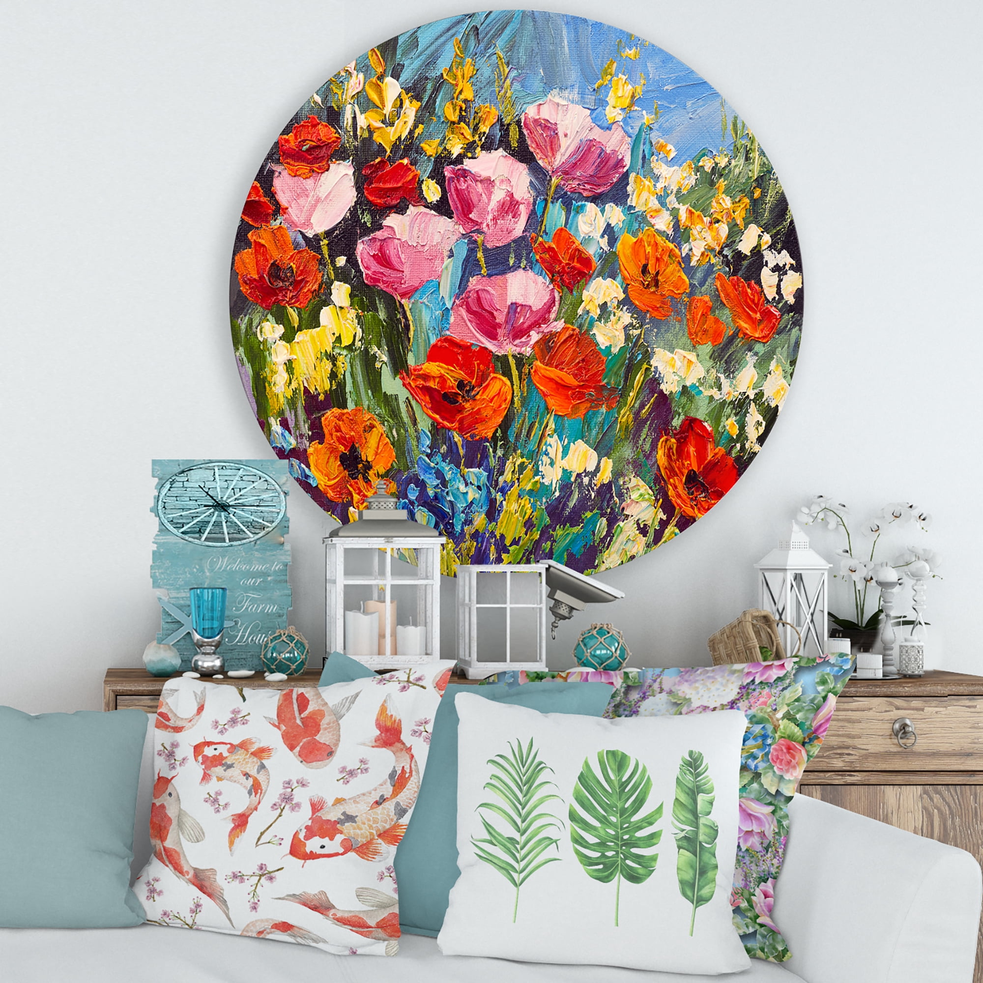 Designart 'Colorful Spring Poppies In Field' Traditional Circle Metal Wall Art 36x36 - Disc of 36