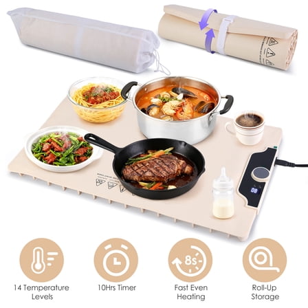 Imountek 300W Electric Food Warming Mat, 23.6x15.8in Silicone Hot Plate with 14 Temp Levels & 10H Timer, Roll-Up Portable Heating Pad for Home Use