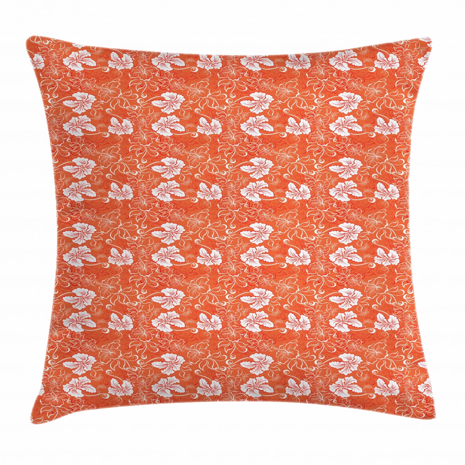 Burnt Orange Throw Pillow Cushion Cover, Hawaiian Hibiscus Pattern with Swirls and Curves on