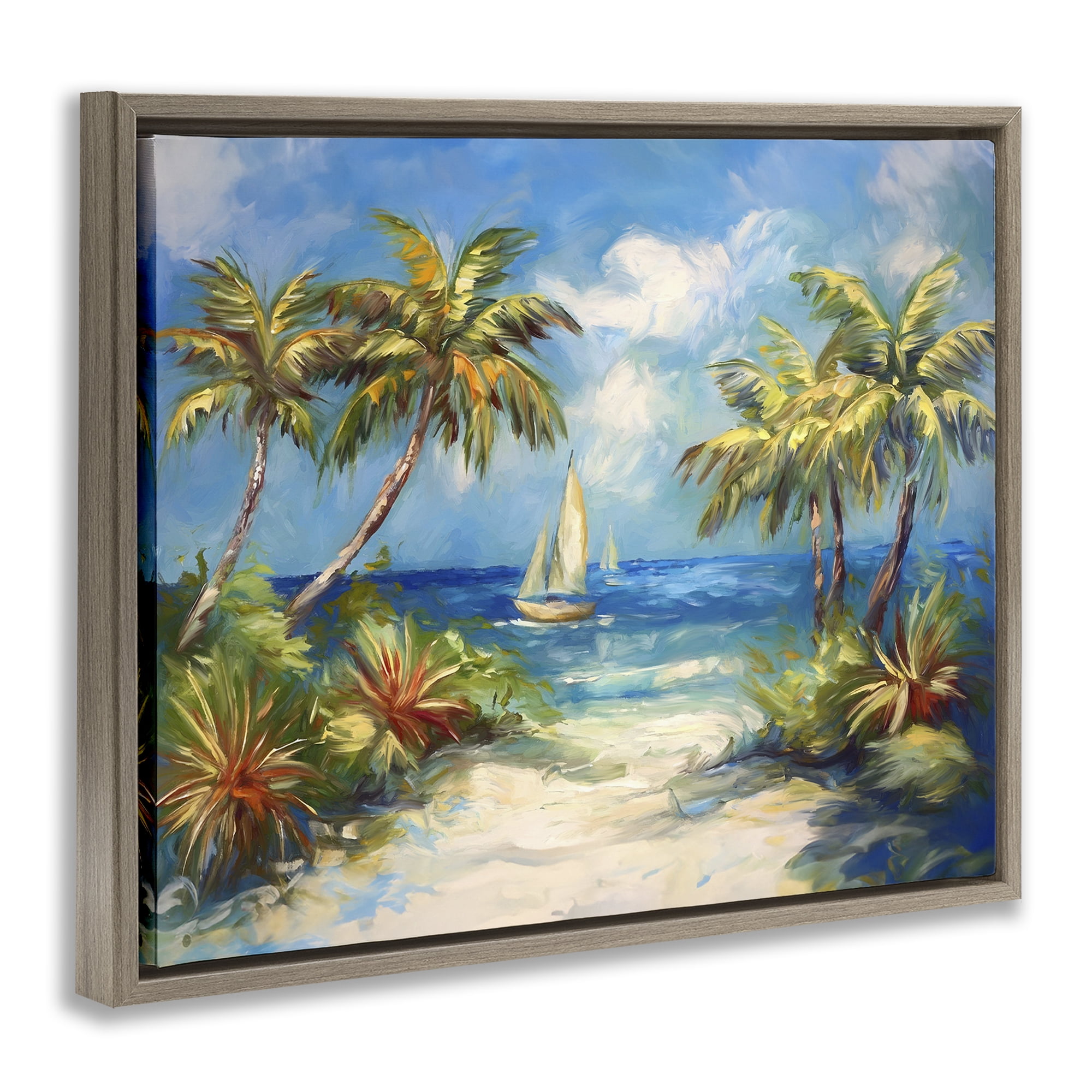 Stupell Industries Tropical Paradise Harbor Coastal Painting Brown Floater Framed Canvas Art Print Wall Art, 21 x 17