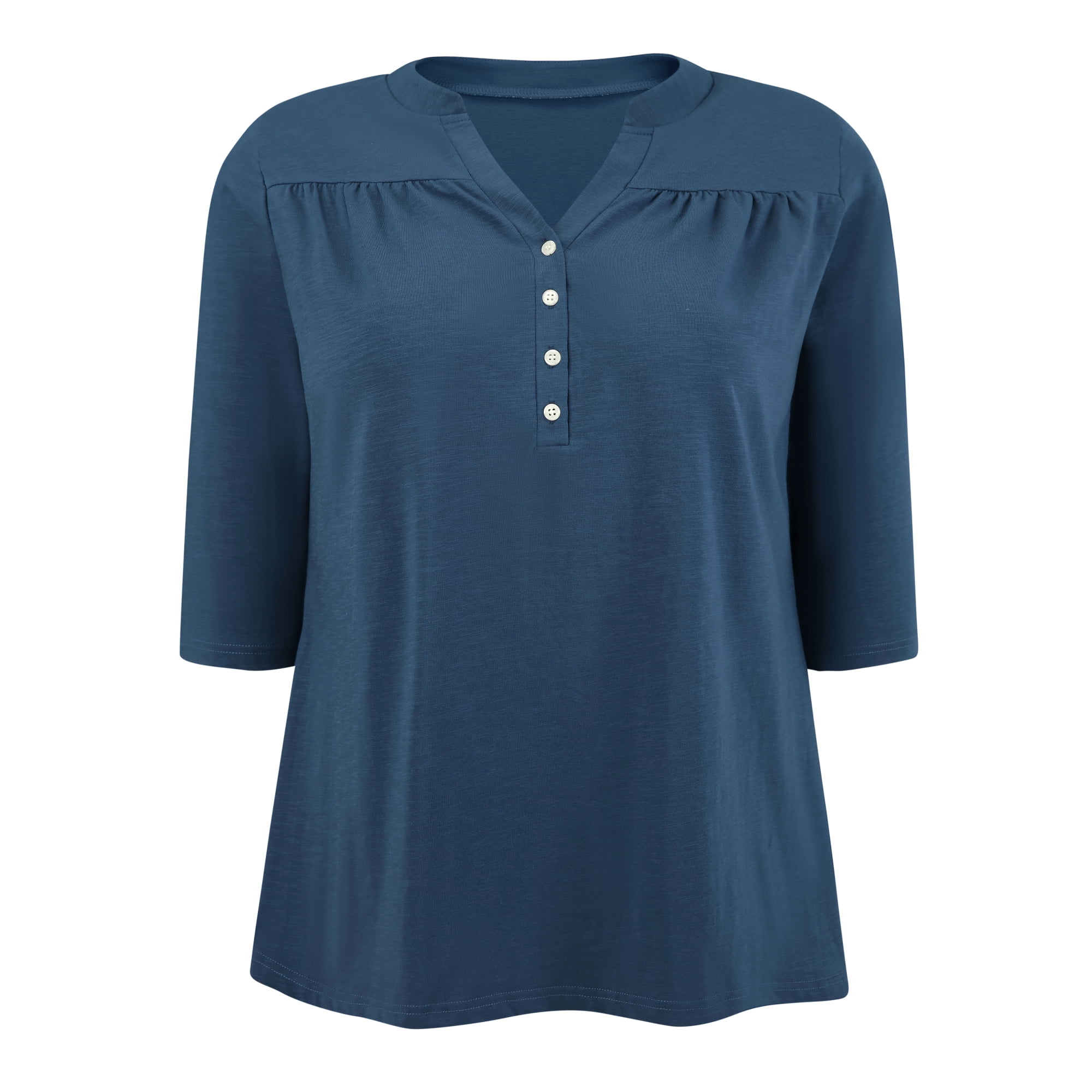 DARING DIVA Women's Plus Pleated Button Front Shirts 3/4 Sleeve Blouses 2X Dark Blue
