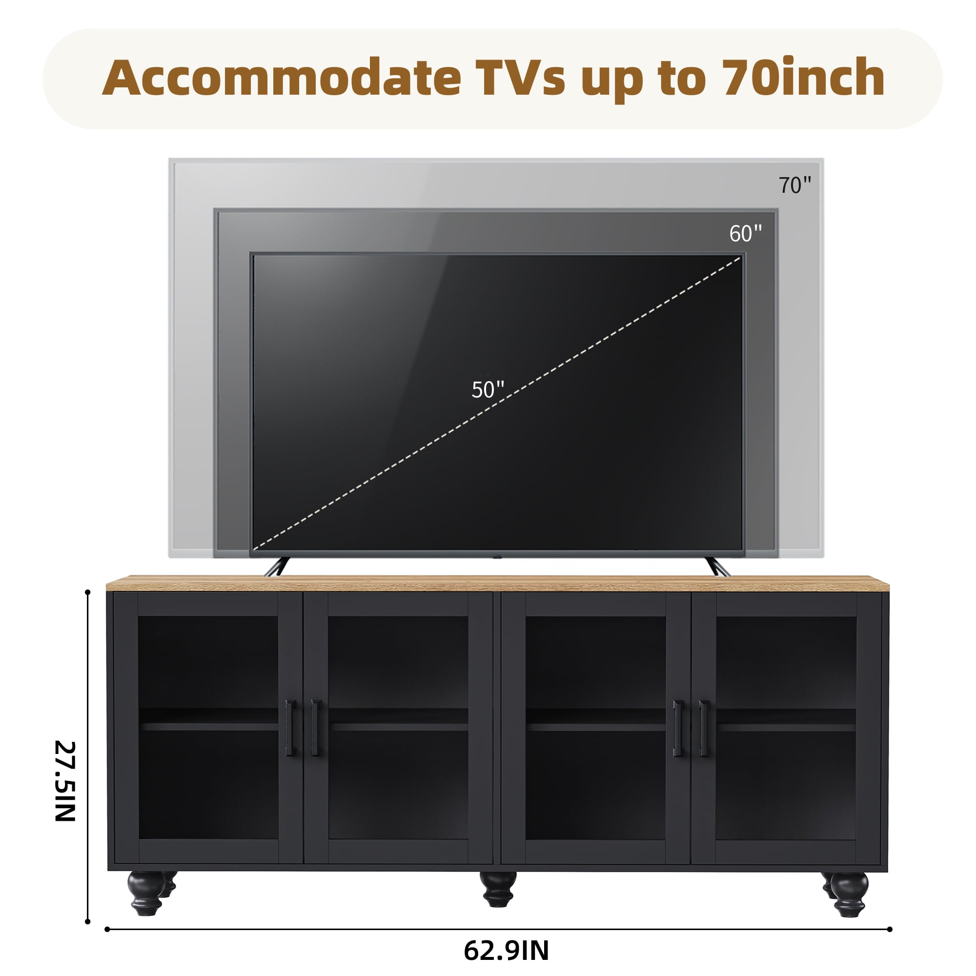 Euroco 110" Entertainment Center Wall Unit Set with Glass Display Cabinets, Adjustable Shelves & Vintage TV Stand for TVs up to 85", Farmhouse Style Media Console with Storage, Gourd Legs