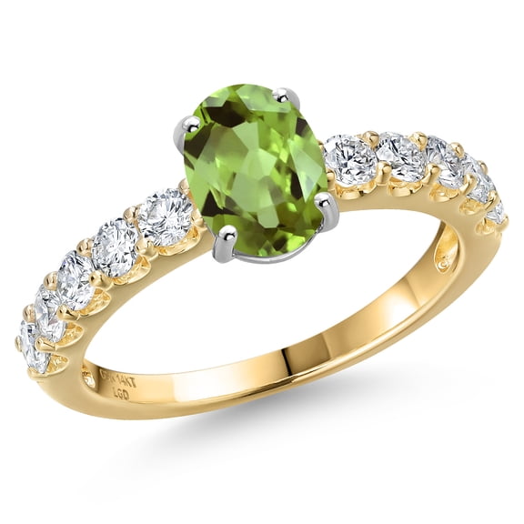 Gem Stone King 14K Two Tone Gold Green Peridot and Lab Grown Diamond Engagement Ring for Women | 2.07 Cttw | Oval 8X6MM | Gemstone August Birthstone | Size 8